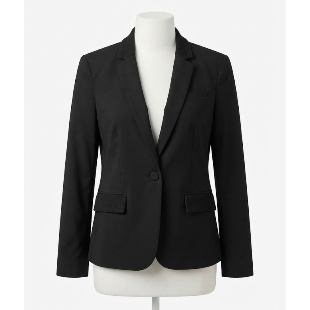 Calvin Klein Womens Black Single Button Ribbed Trim Blazer Jacket Size 14